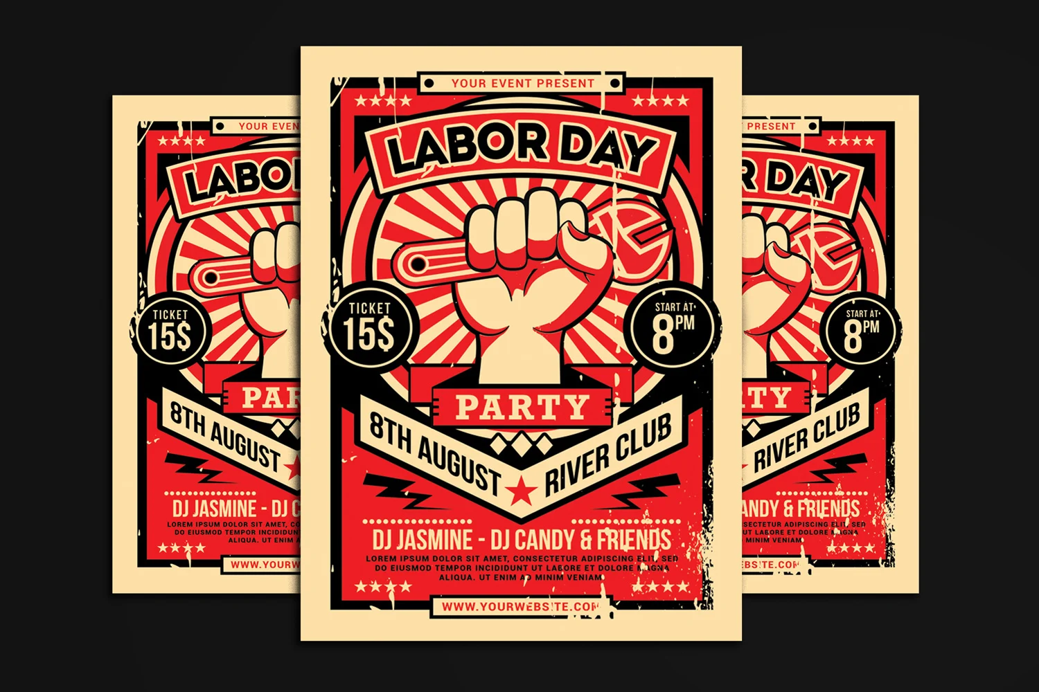 3 cool mockups of labor day flyer on a black background.