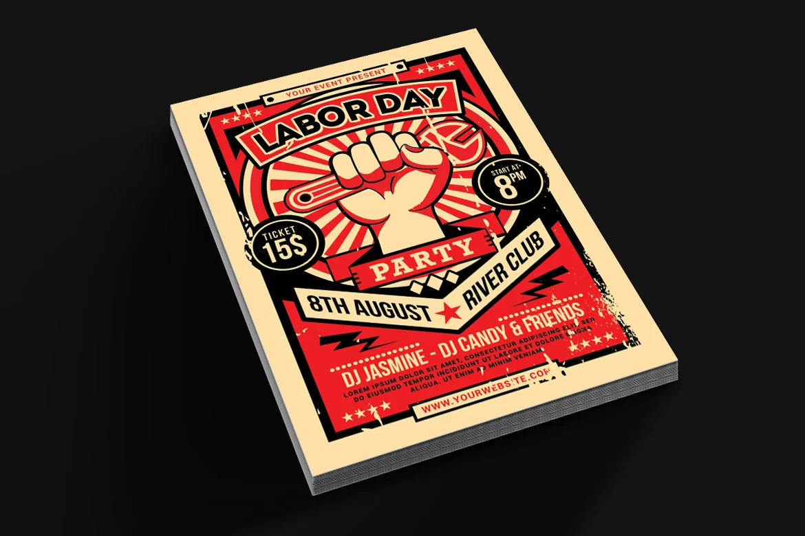 Pack of labor day flyers in red, beige and black on a black background.