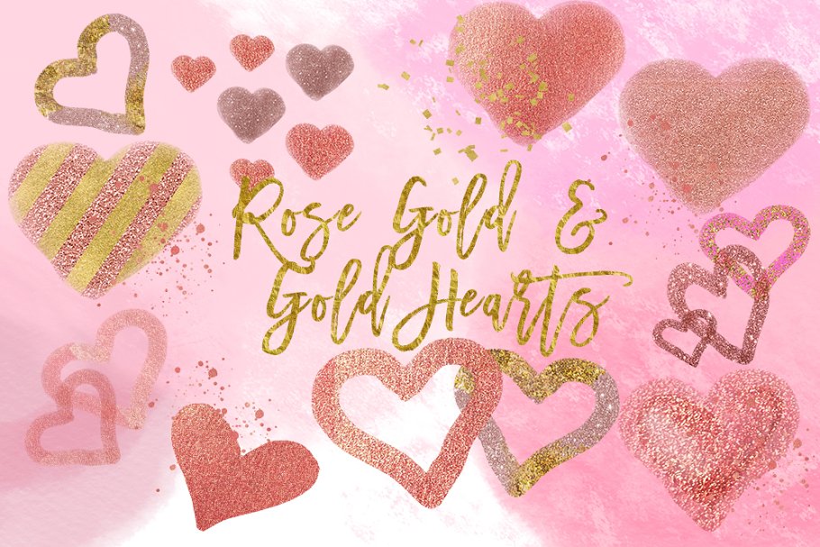 Beautiful rose & gold hearts on pink background.