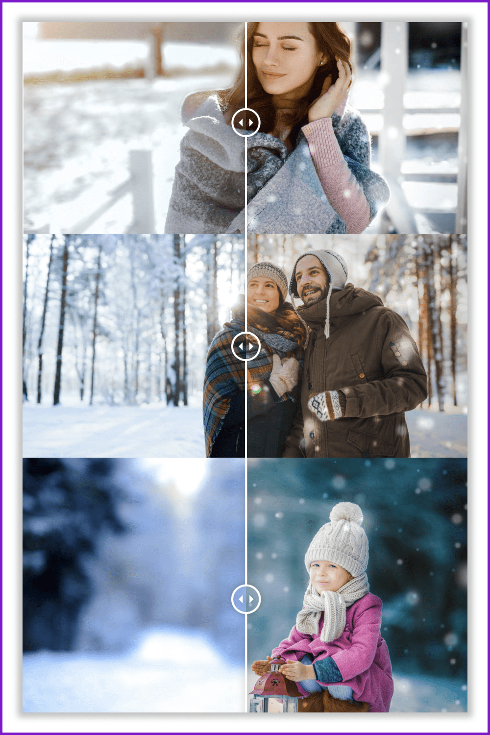 Collage of photos of people in winter with different color settings.