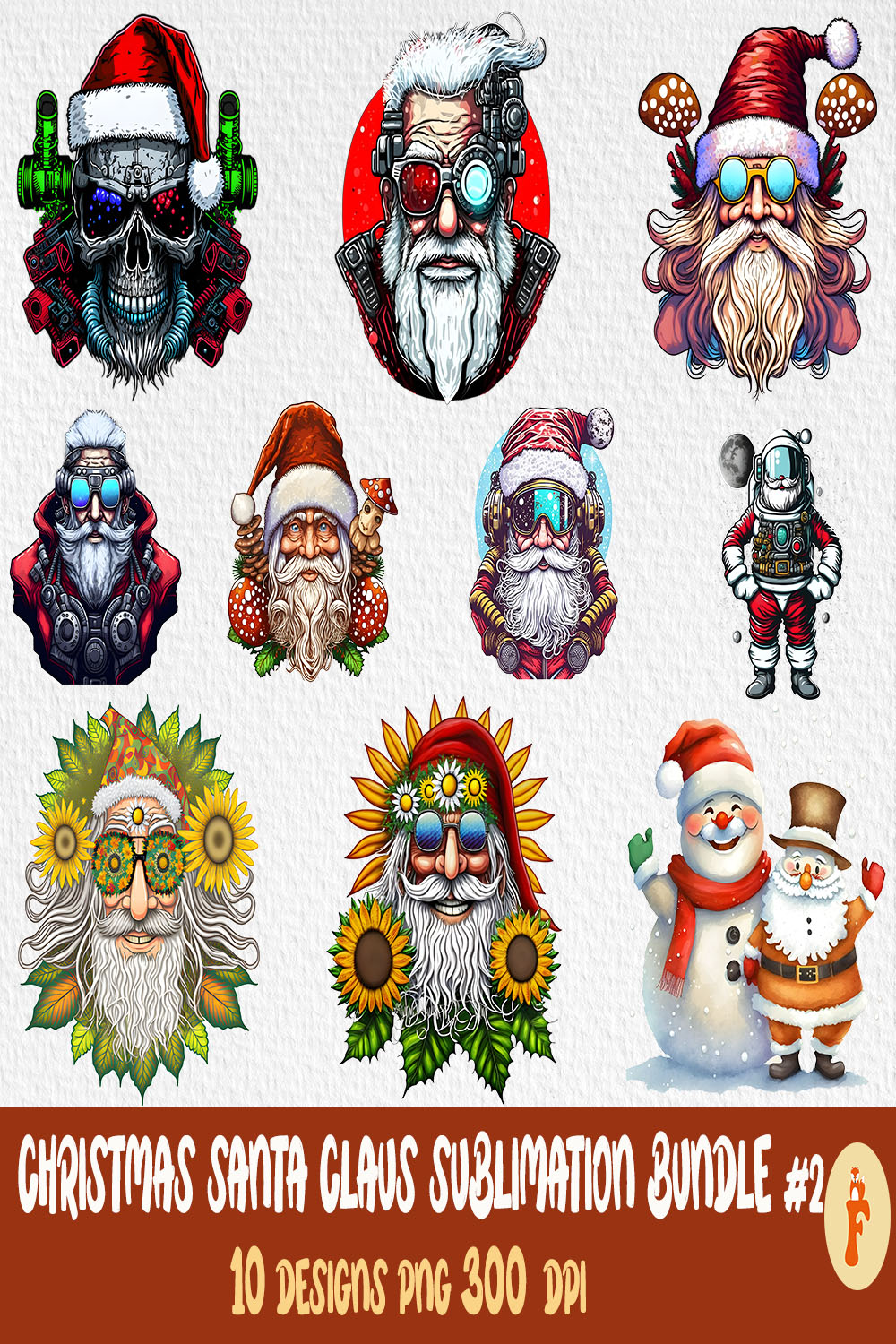 A selection of colorful images of Santa.