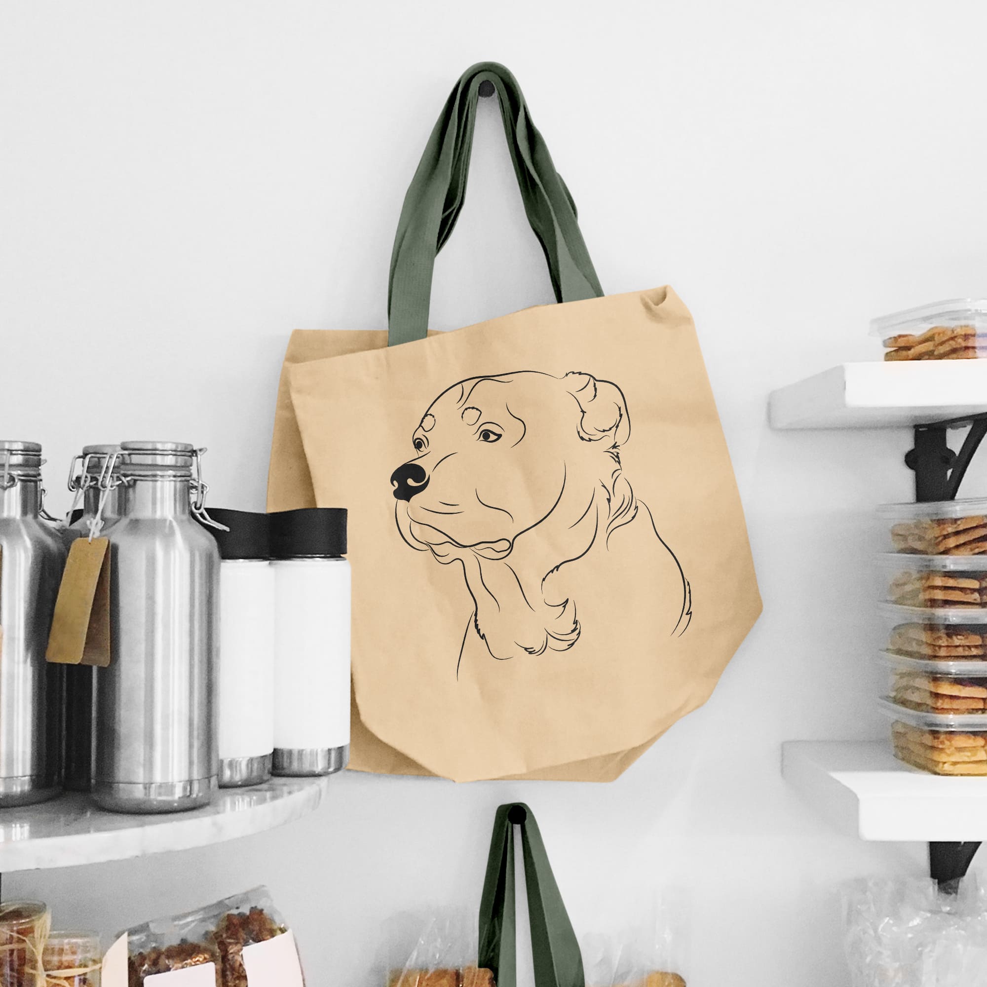 Paper bag with a picture of a dog on it.