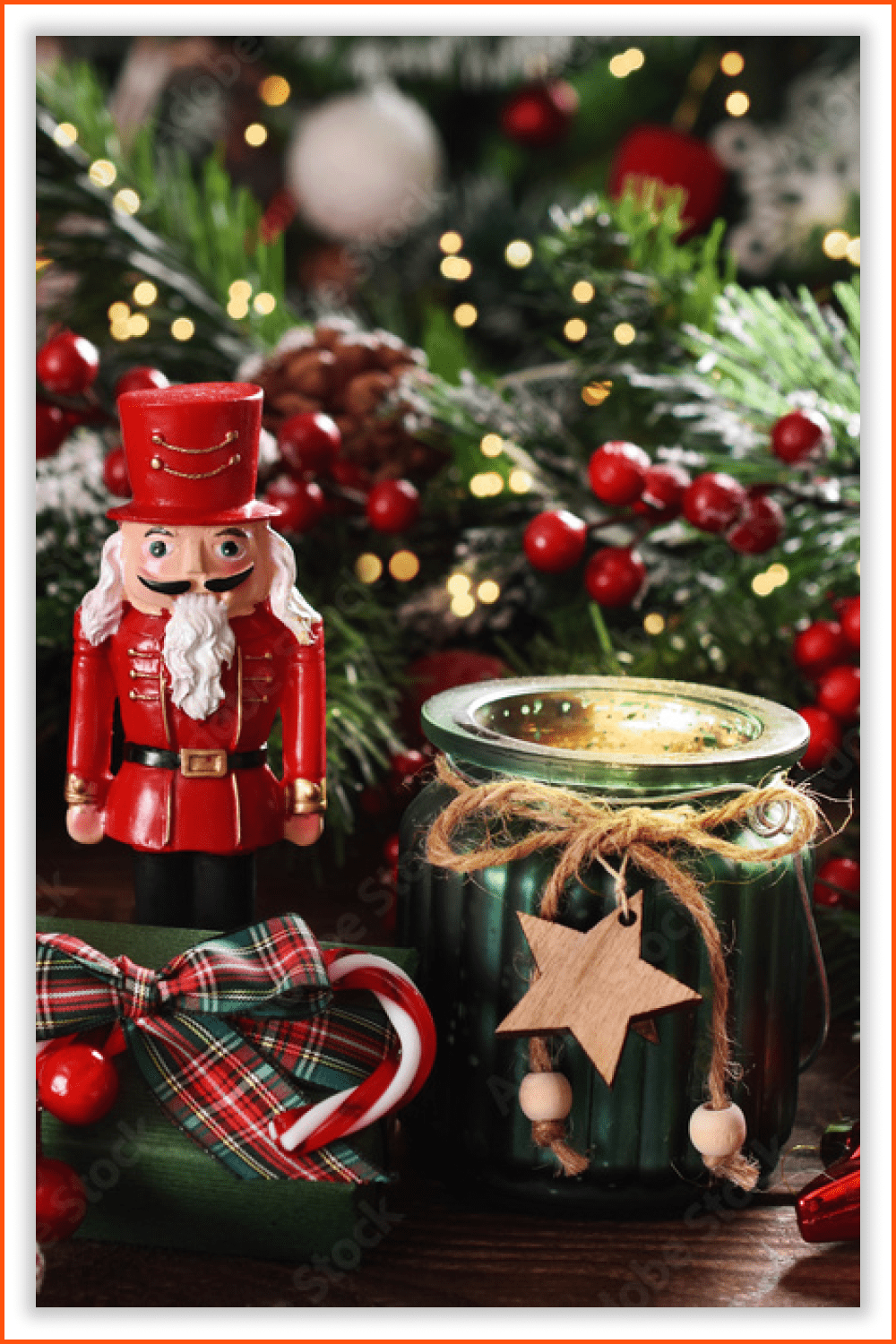 Photo of a Christmas decoration with a candle and a nutcracker.