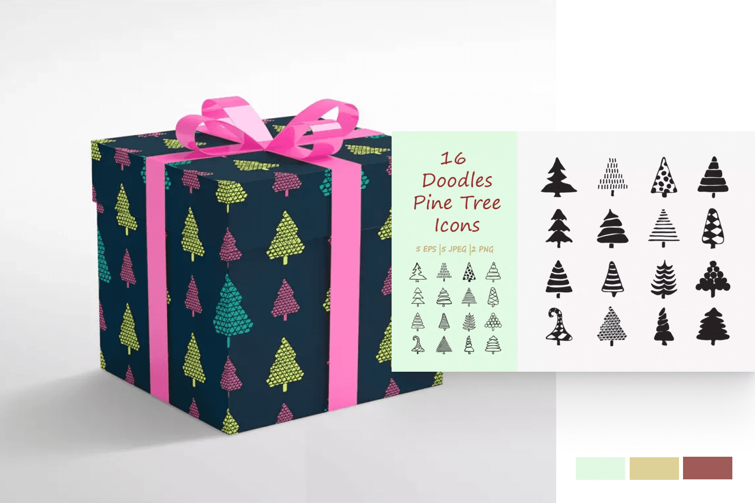 Christmas tree doodle collage and colorful print gift.