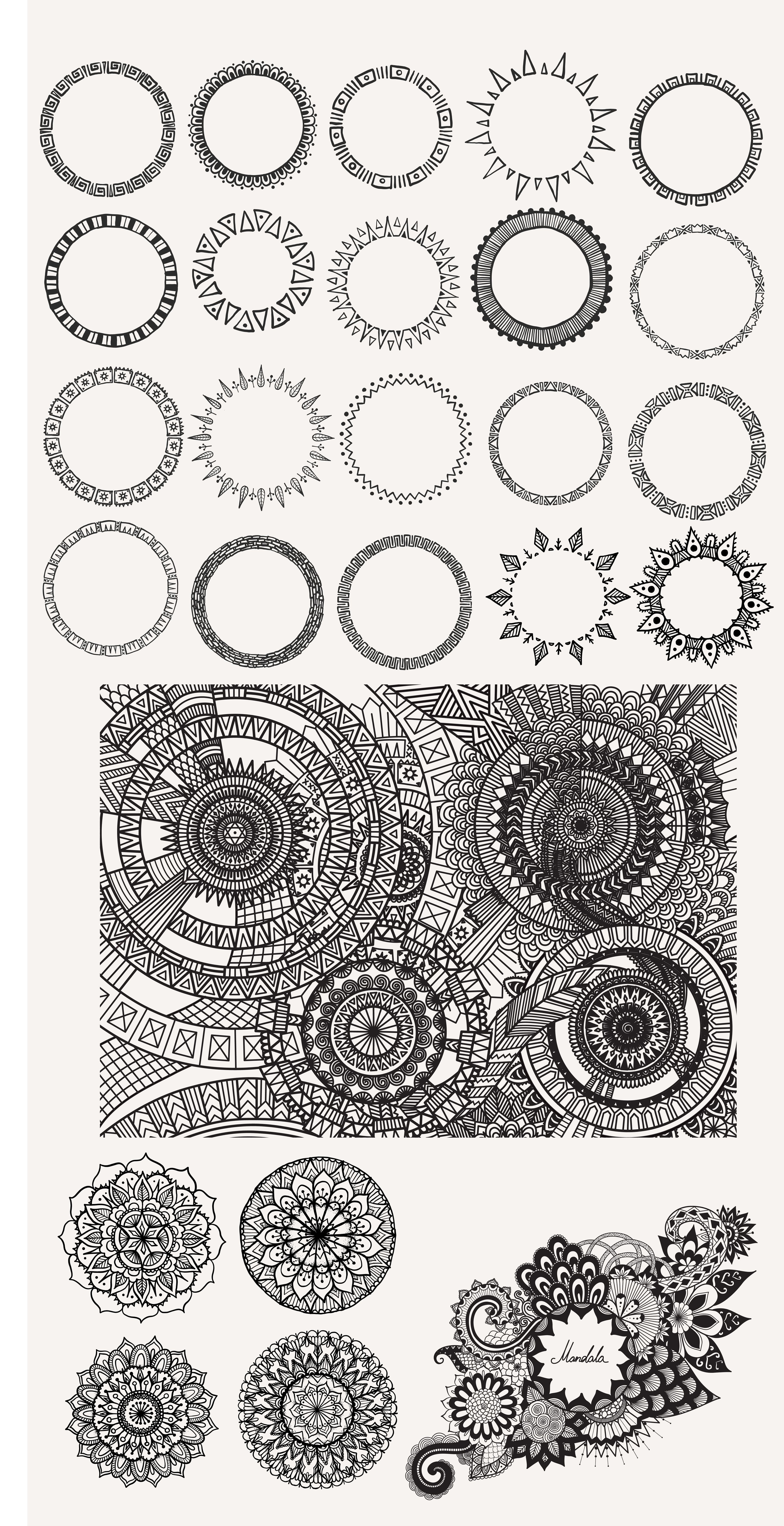 Hand drawn collection of 26 various mandalas.