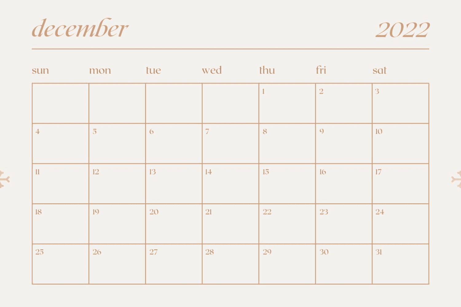 December calendar with pink background and gold text and lines.