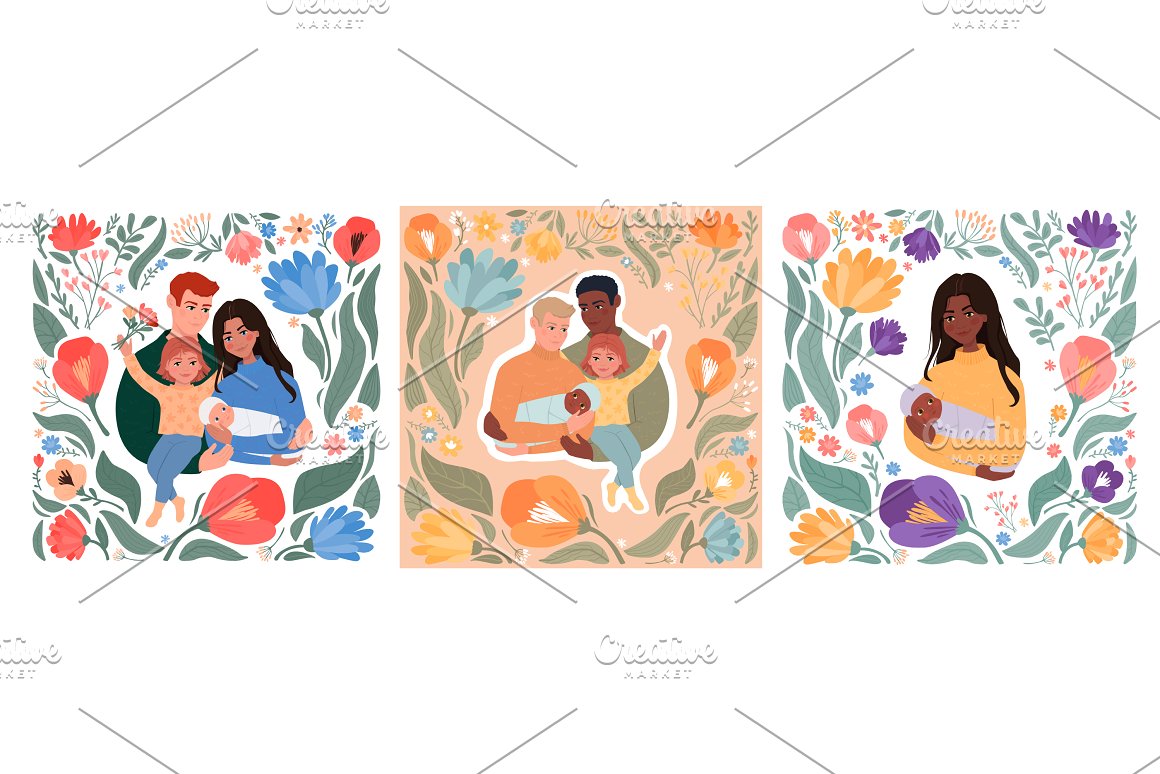 Different 3 beautiful illustrations of a happy family on a white background.