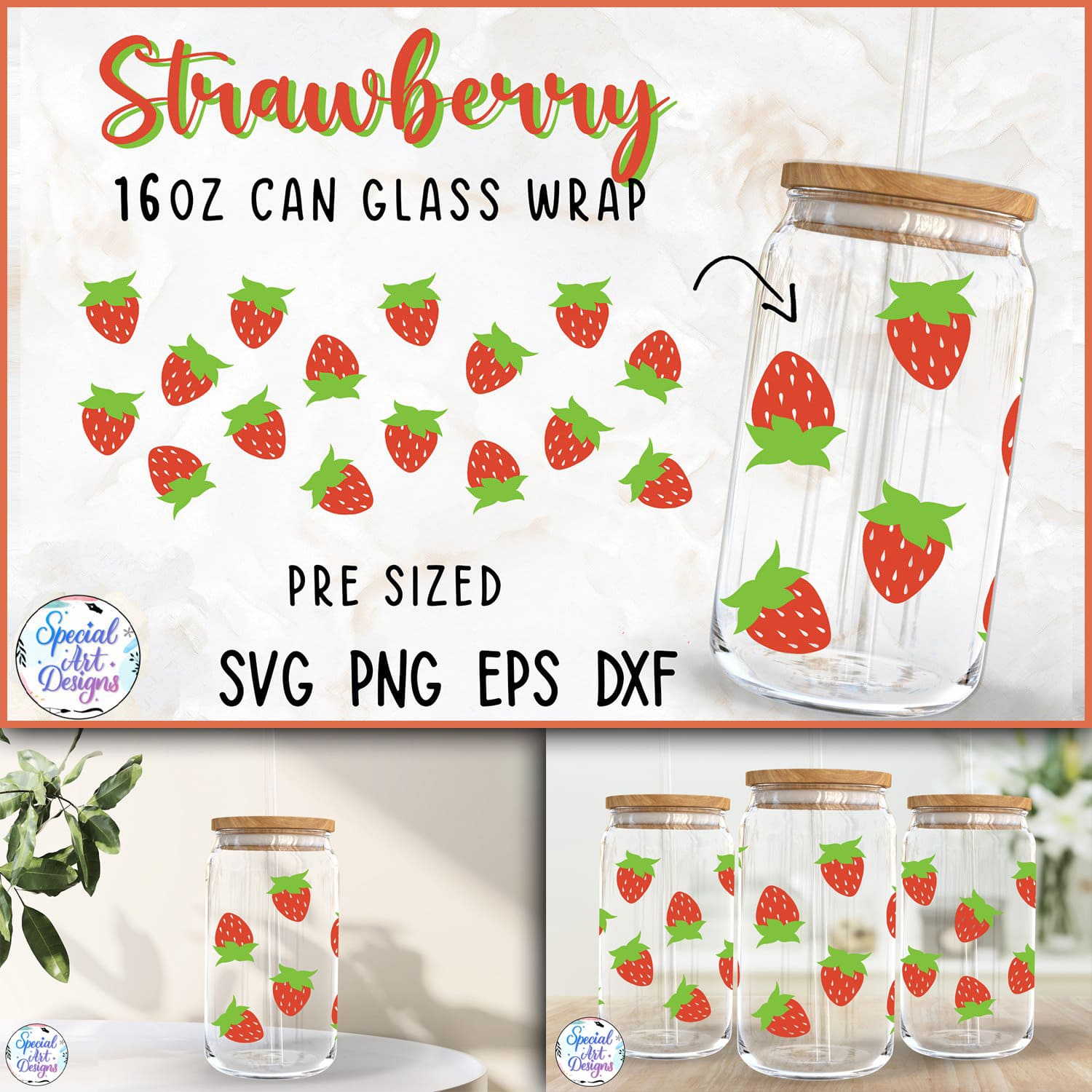 Strawberries | 16oz Libbey Glass Can Wrap Cut file cover.