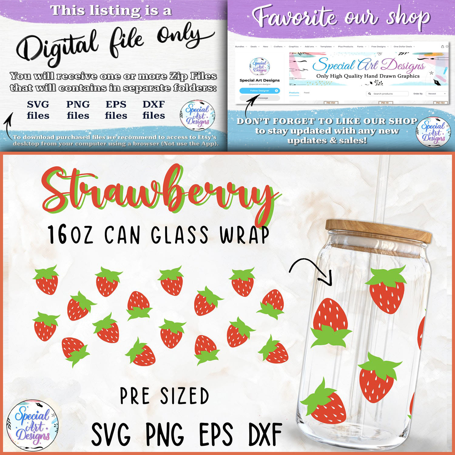 Strawberries | 16oz Libbey Glass Can Wrap Cut file.