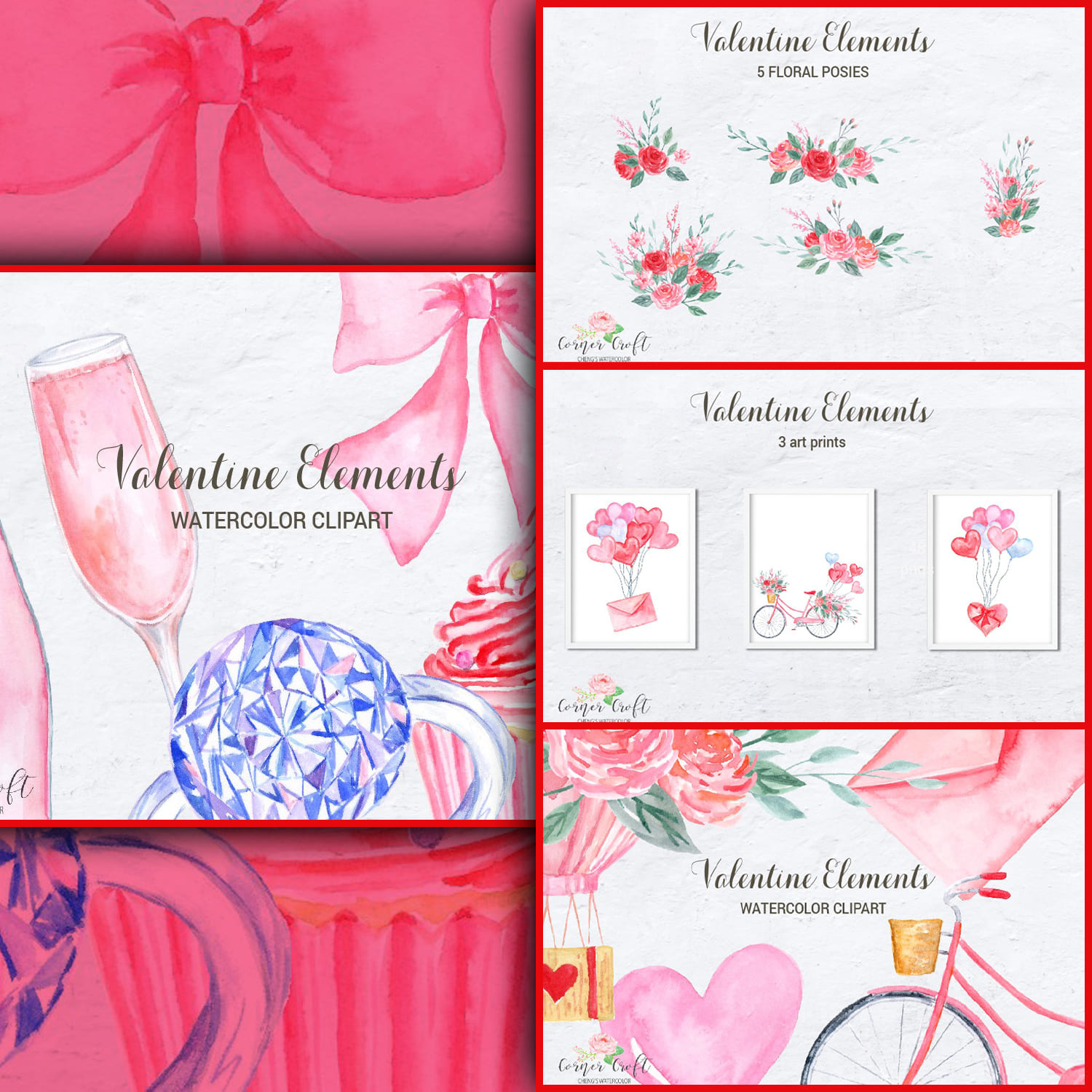 Watercolor Valentine Elements by Corner craft.