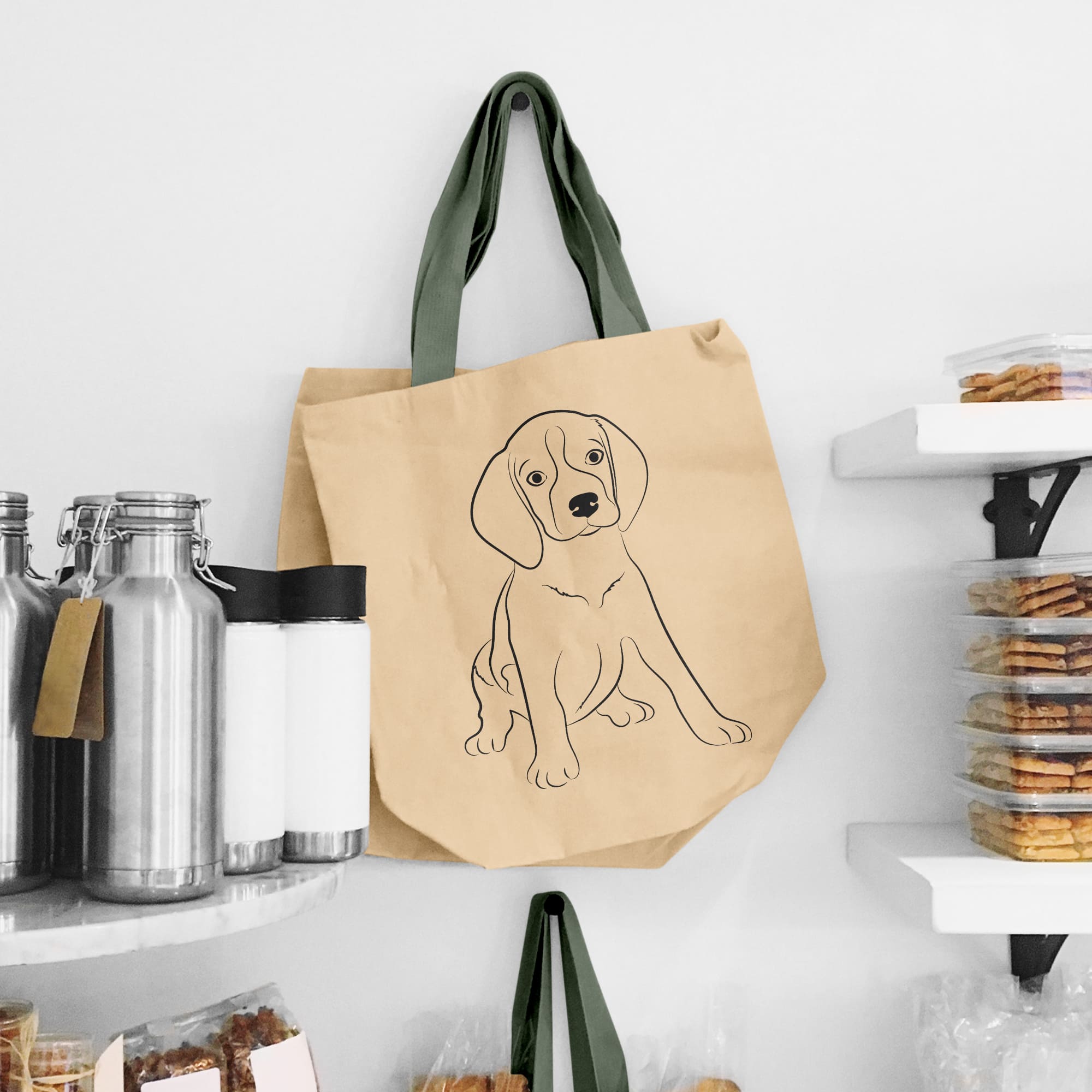 Brown paper bag with a dog drawn on it.