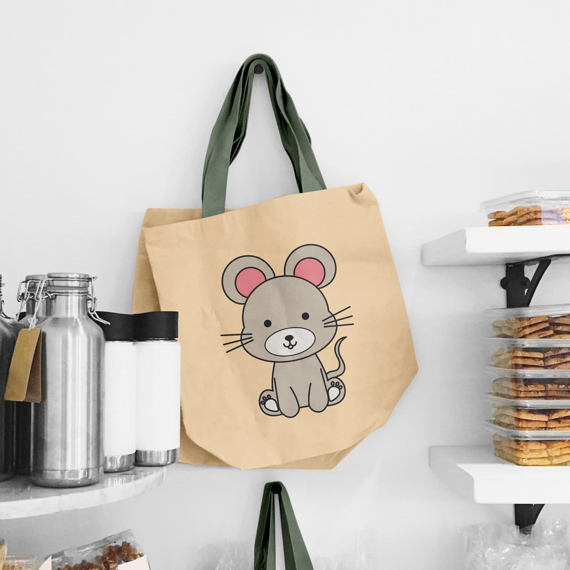 Brown bag with a mouse on it.