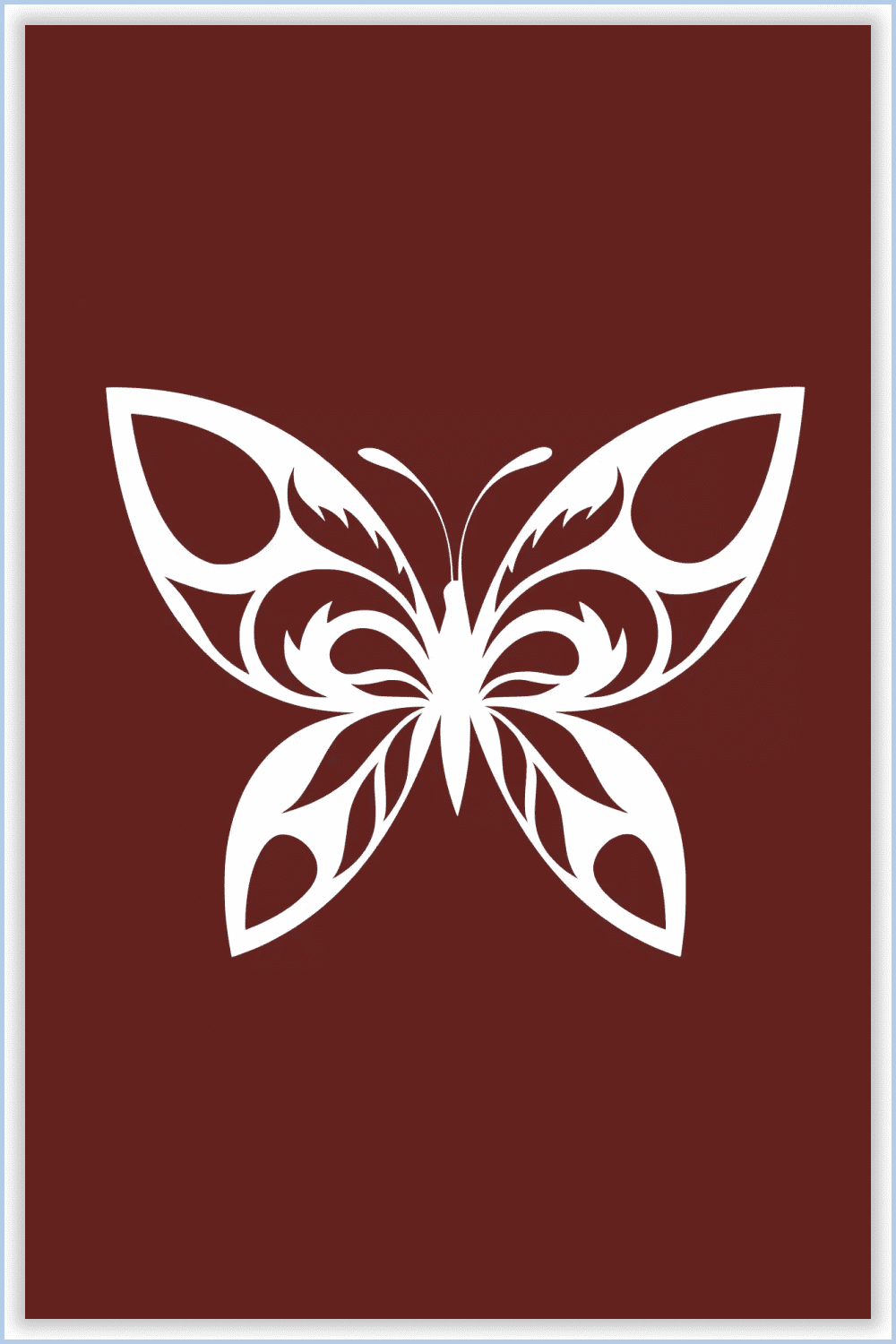 White butterfly with sharp wings on a burgundy background.