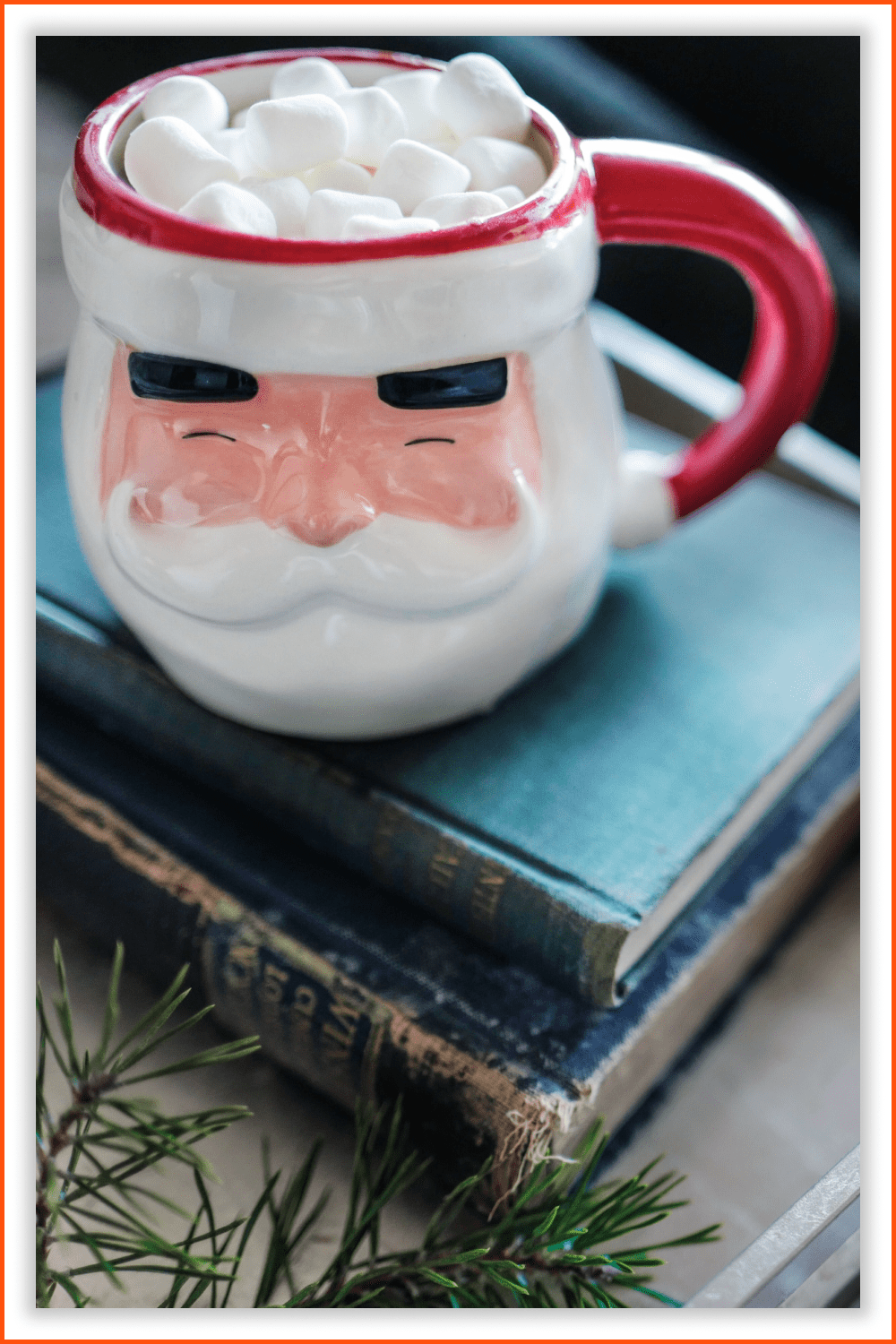A big cup with Santa Claus's face is sitting on the books.