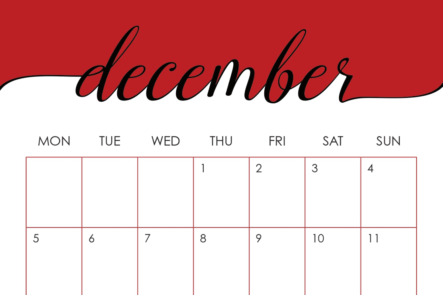 Simple december calendar with a white-red design.