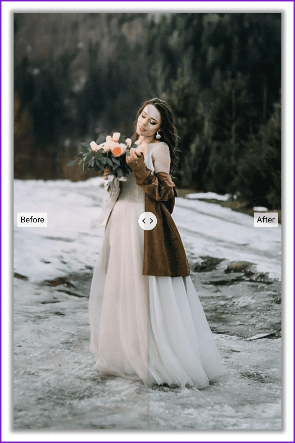 Photo of a girl in a white dress on a background of forest and snow.