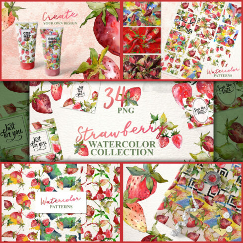 Strawberry collection Watercolor png.