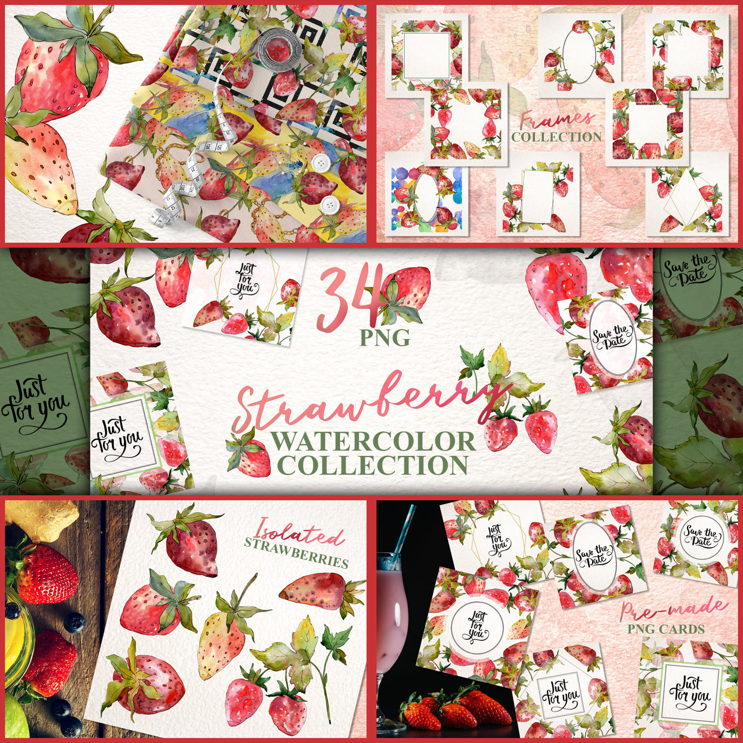 Strawberry collection Watercolor png cover.