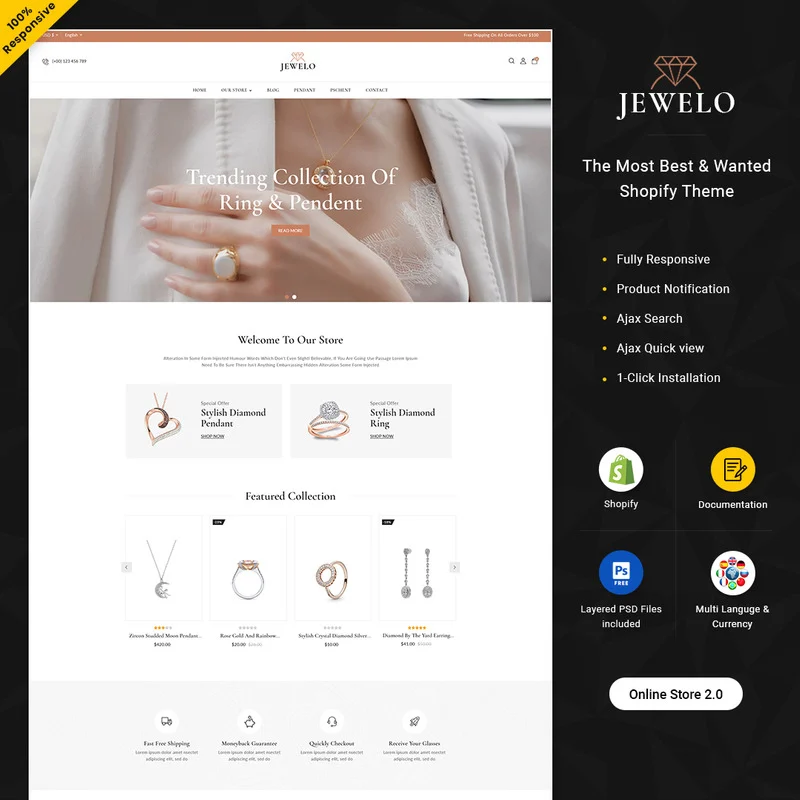 Landing page in web version of jewelo - jewellery and accessories multipurpose shopify store.
