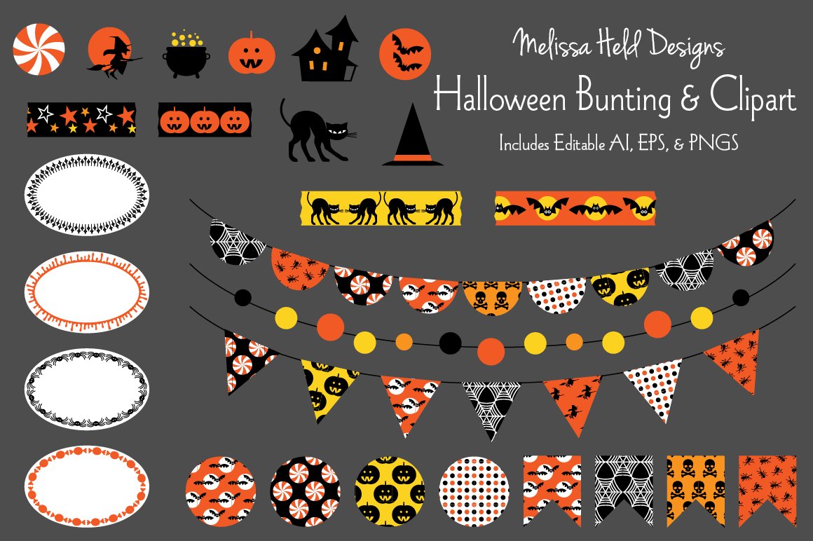 Matte green background with the different Halloween elements.