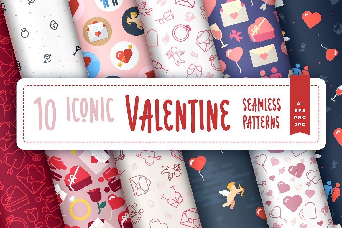 Pink and red lettering "10 Iconic Valentine" on a white background and 10 different rolls of seamless patterns.