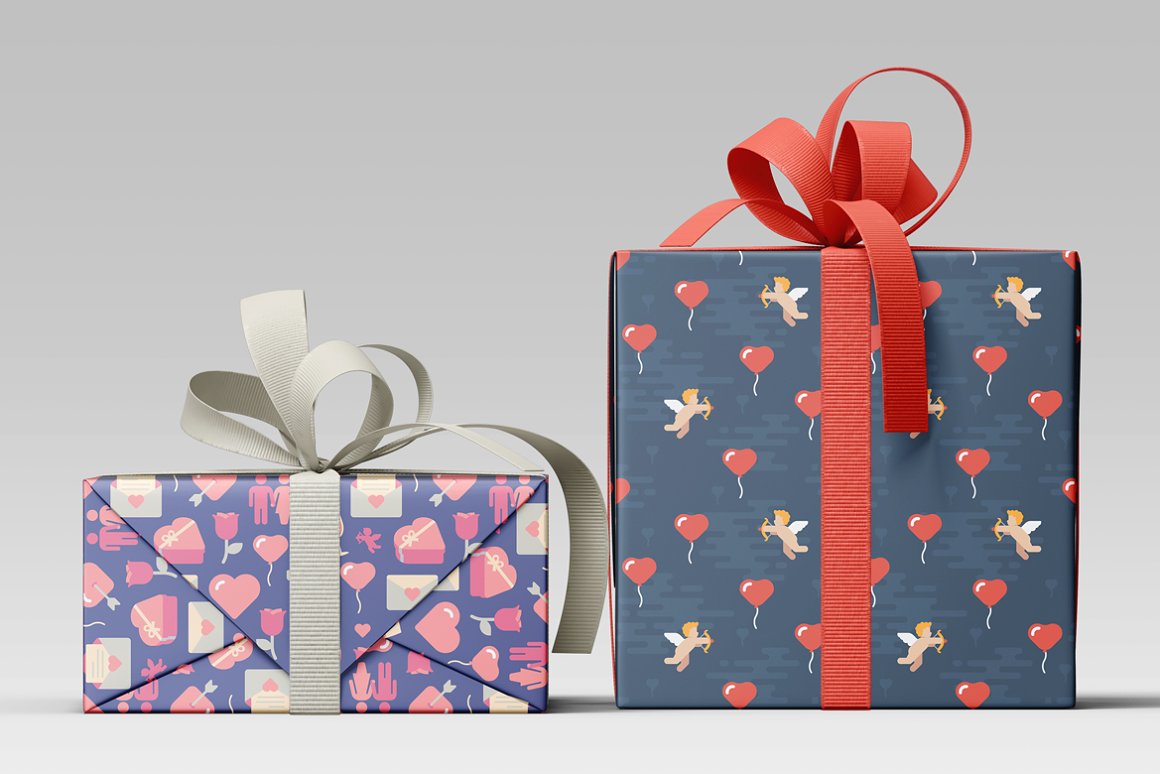 2 boxes in blue wrapping paper and red and silver bows with different illustrations of iconic valentine on a gray background.