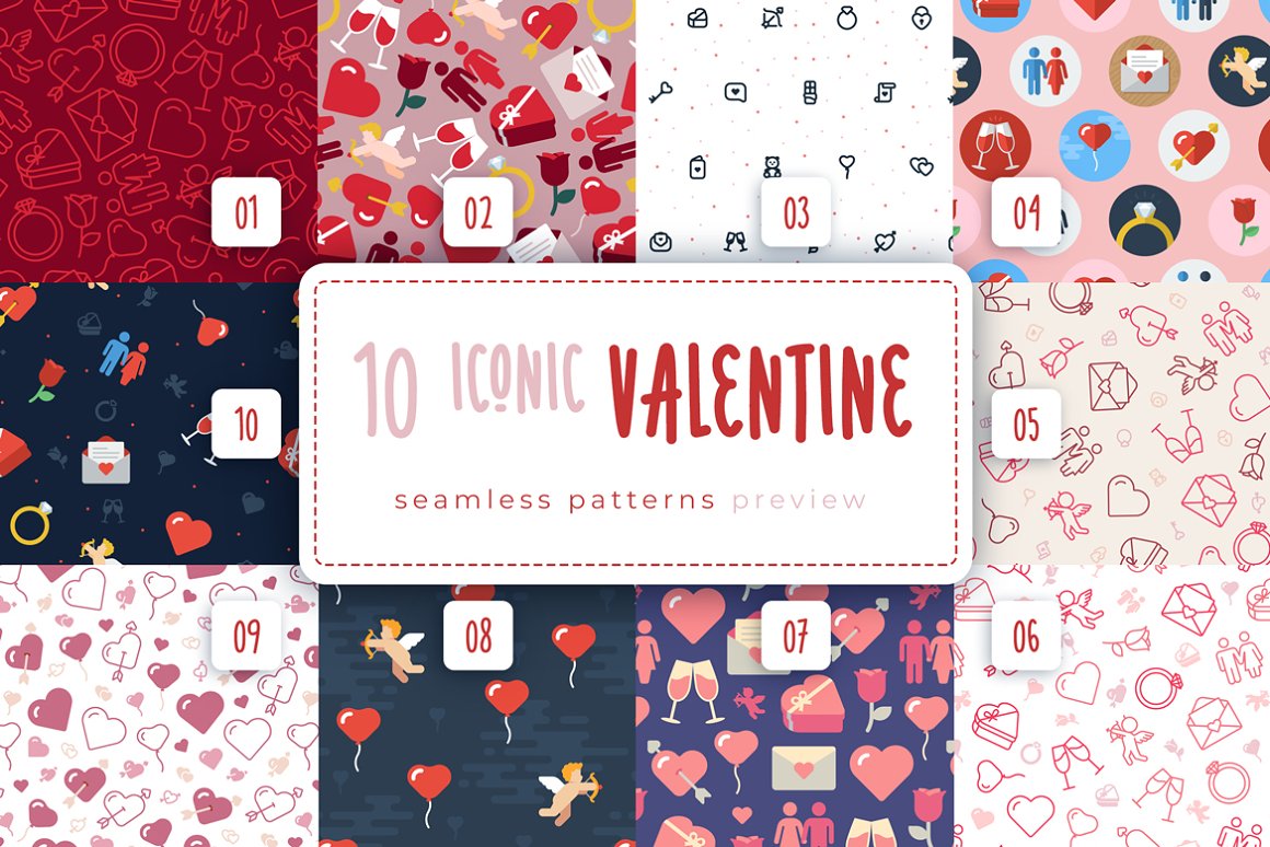 Pink and red lettering "10 Iconic Valentine" on a white background and 10 different seamless patterns.
