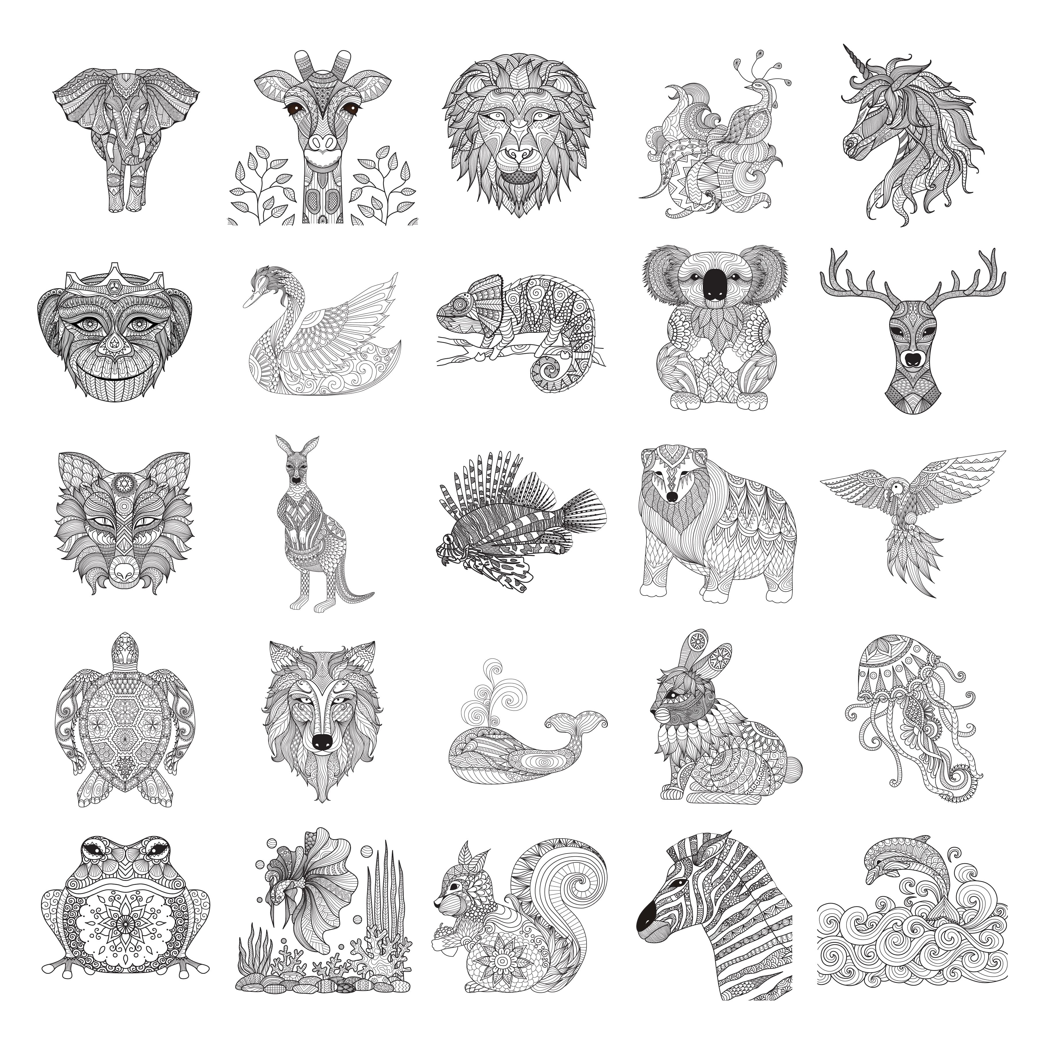 Gray set of 24 different animals on a white background.