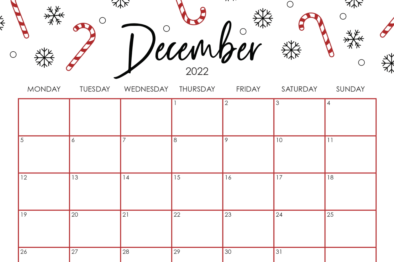 Simple december calendar with snowflakes and candies.