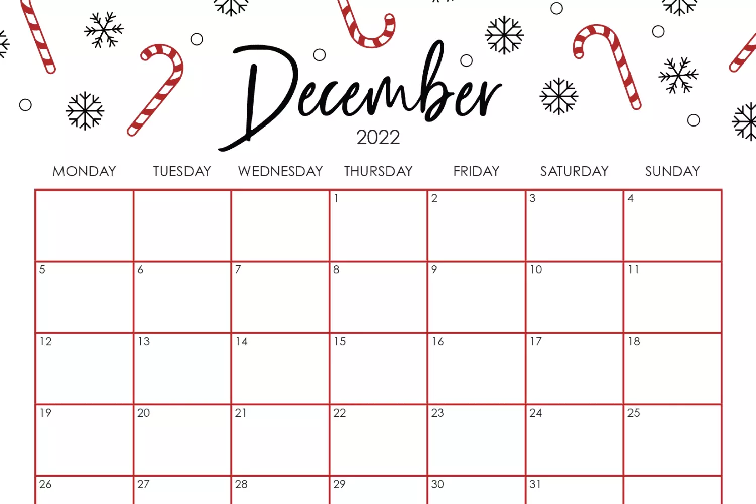 Simple december calendar with snowflakes and candies.