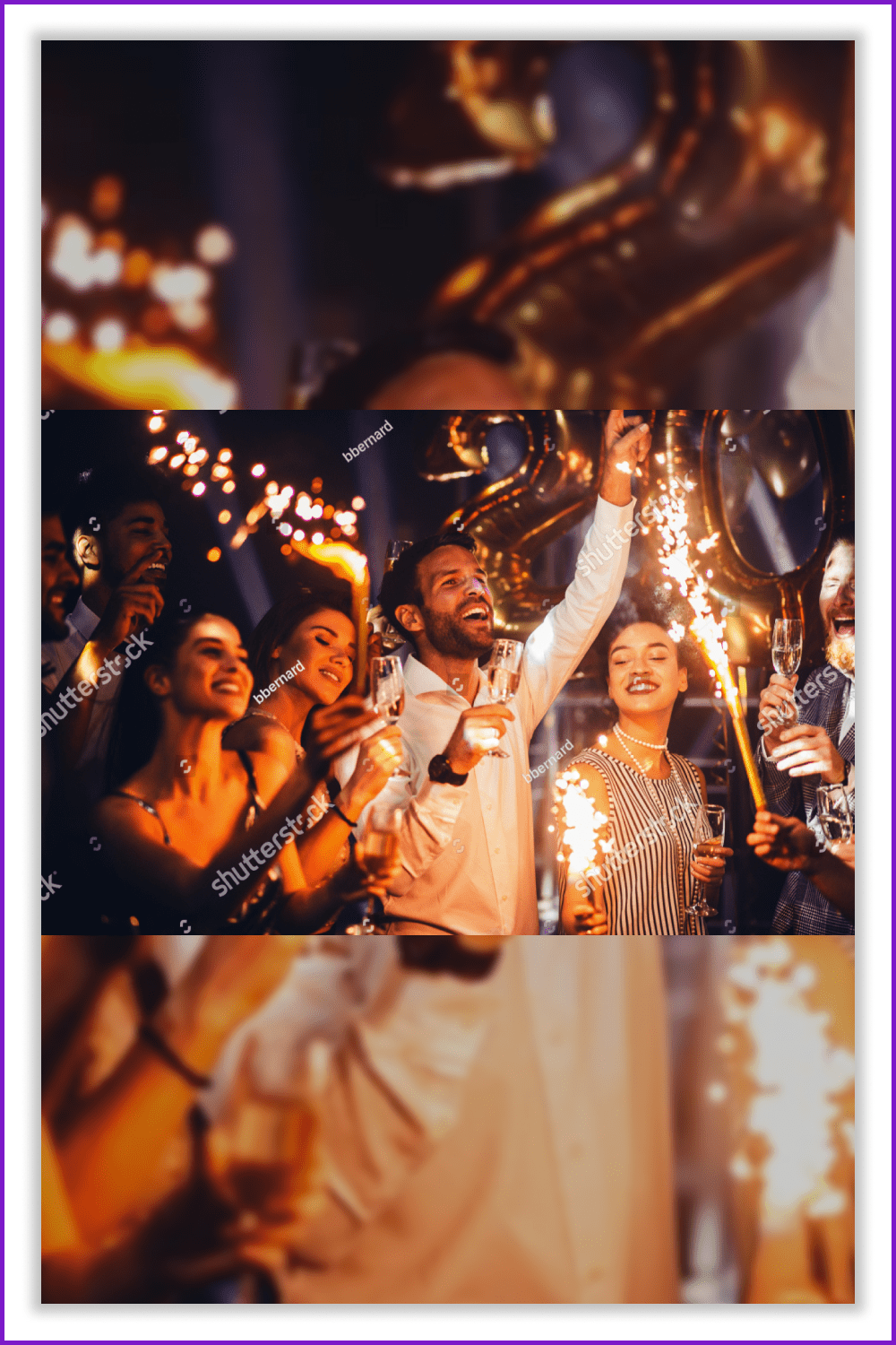 Guy and girls with glasses of champagne and fireworks celebrate New Year.
