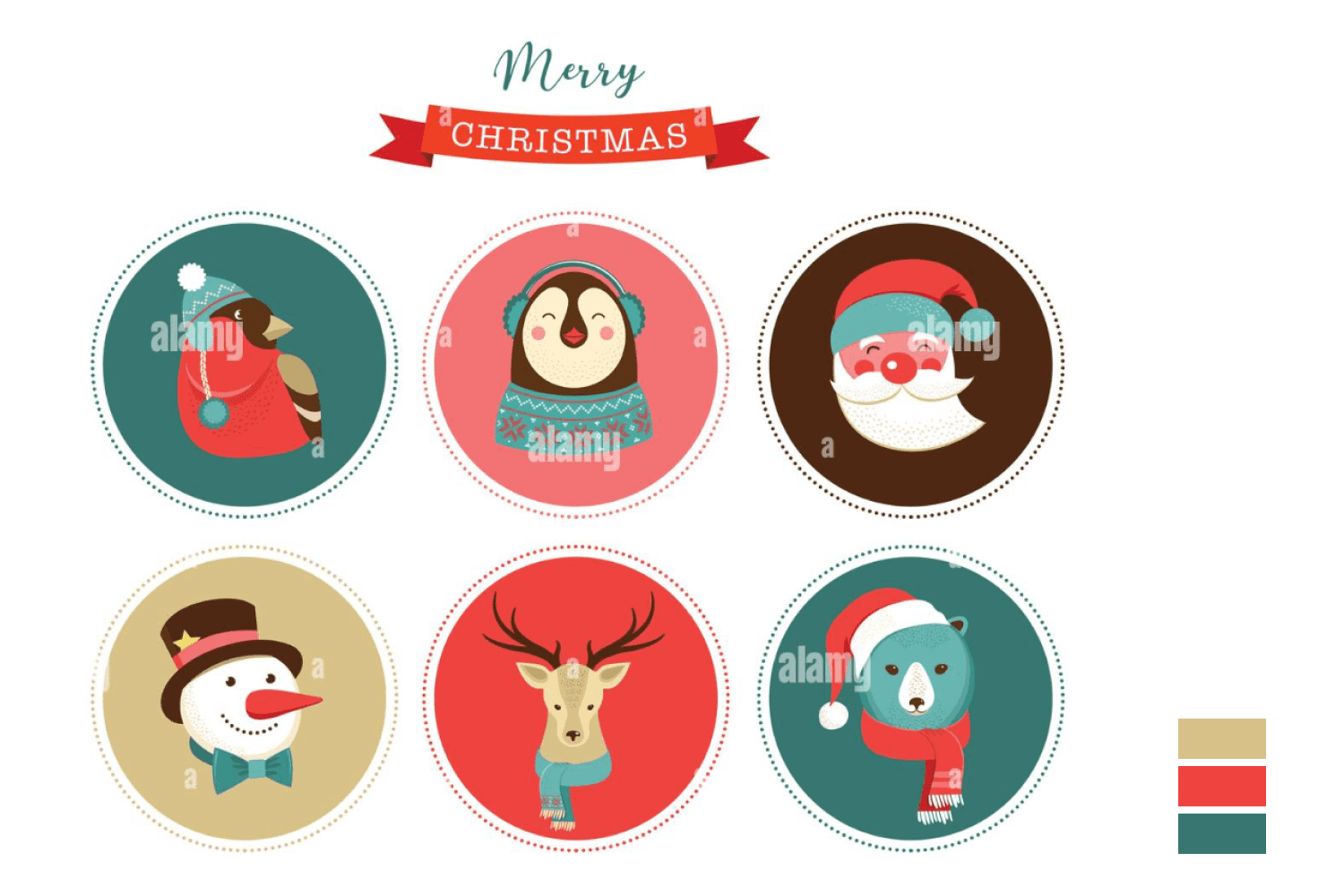 Collage with 6 rounded Christmas graphic icons.