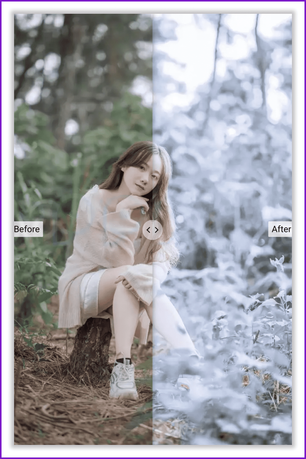 Photo of a girl in the forest, divided into green and white.