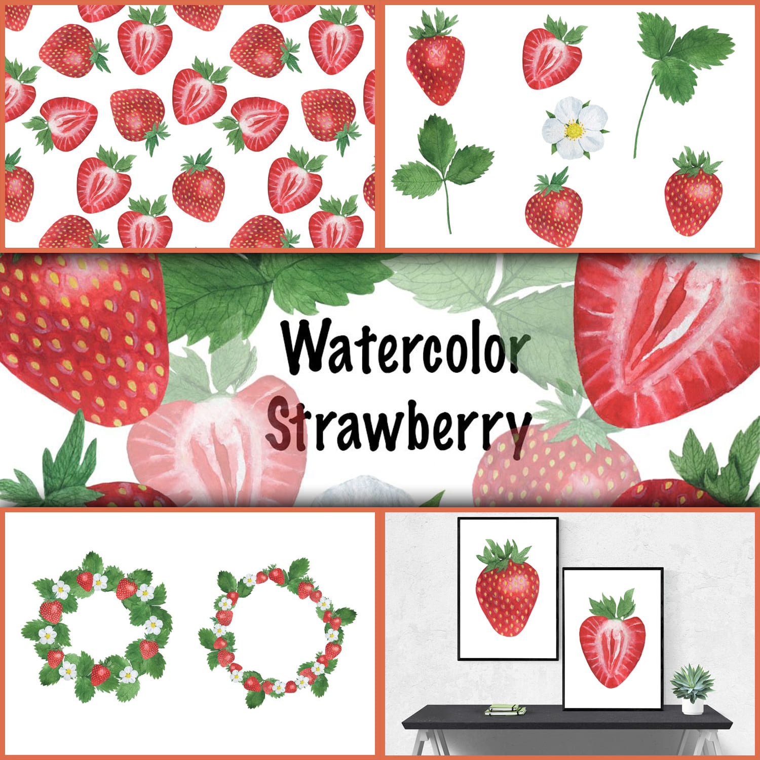Strawberry watercolor.Strawberry pattern. Strawberry frame cover.