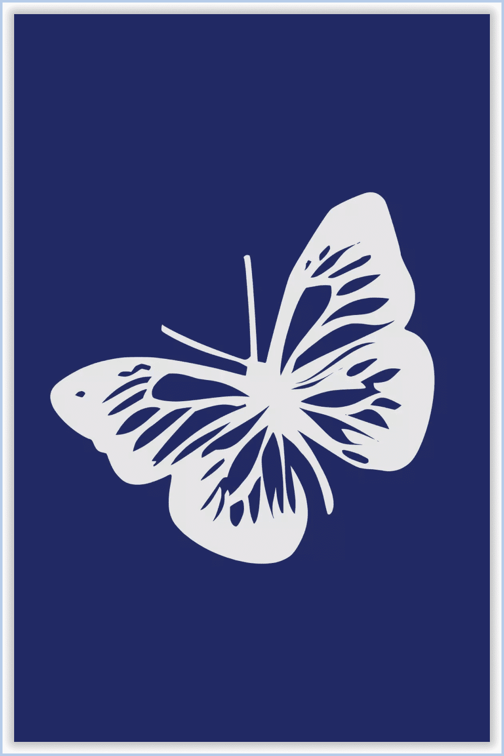 White butterfly drawn in thick lines on a blue background.
