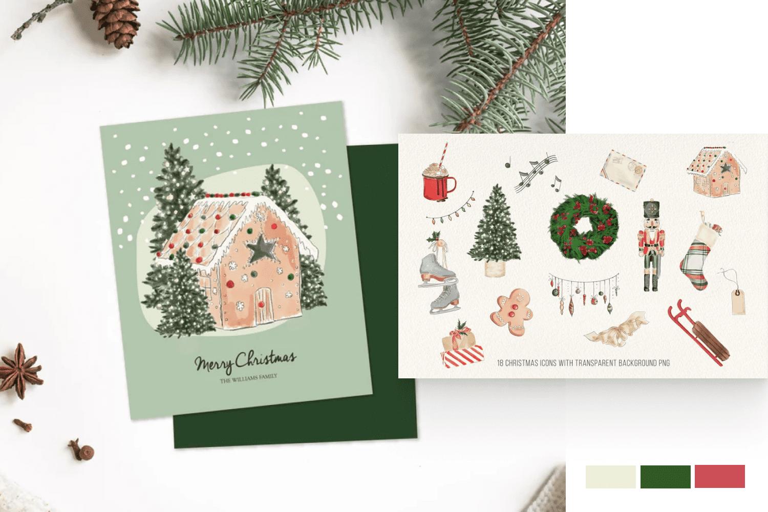 Collage with watercolor classic-style Christmas icons.