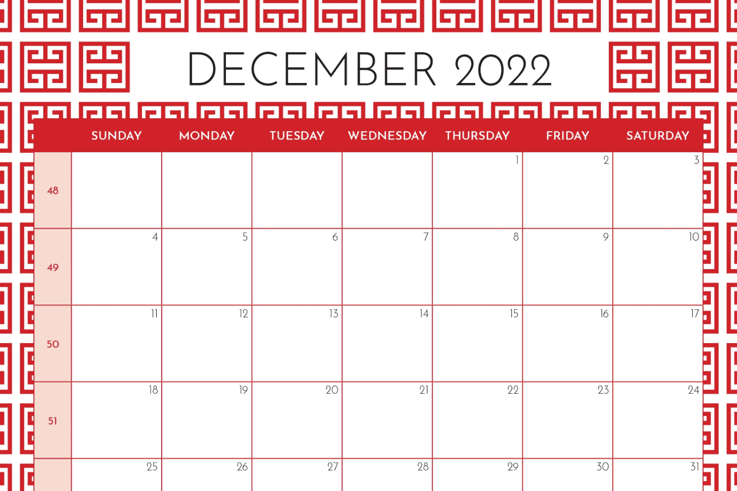 December calendar wtih red Greek-Style Elements.