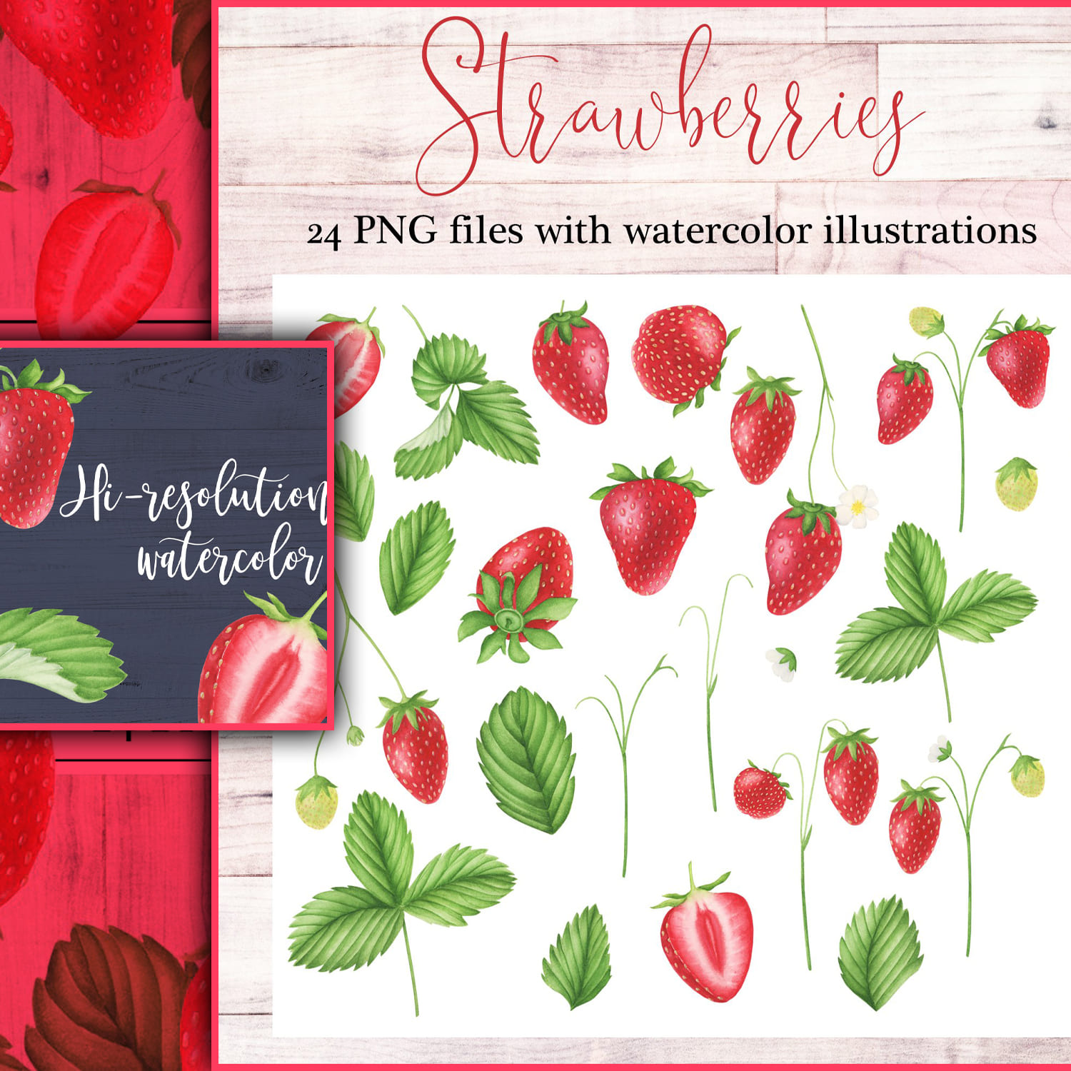 Strawberries watercolor clipart cover.