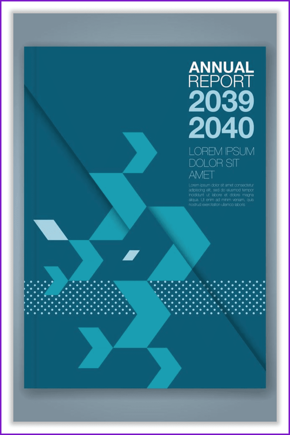 Cover of Annual report with blue background and geometric shapes.