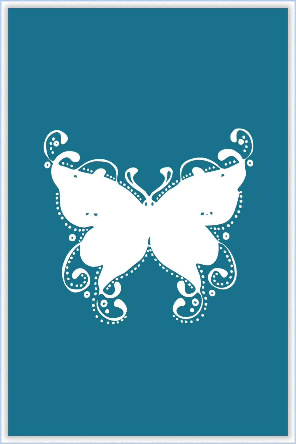 White butterfly decorated with white dots along the contour on a blue background.