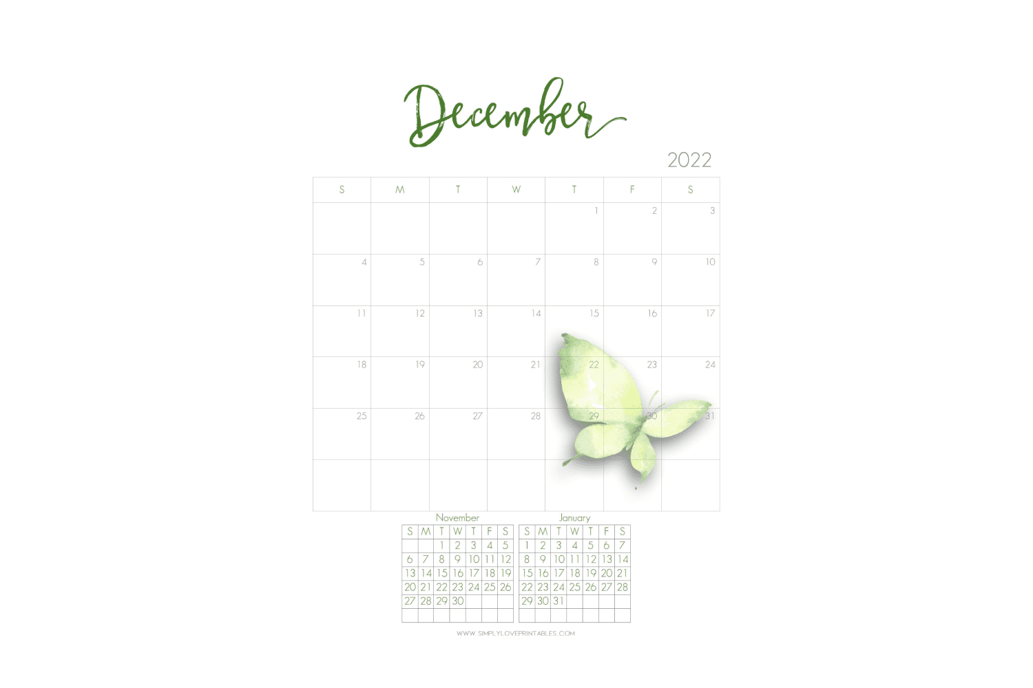 Simple december calendar with green butterfly drawn on it.