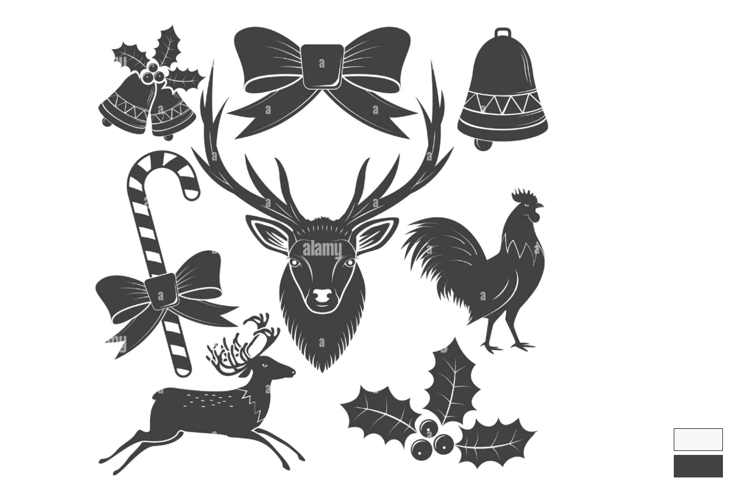 Collage with hand-drawn images of a rooster, deer, holly, bell bow, and bells silhouettes.