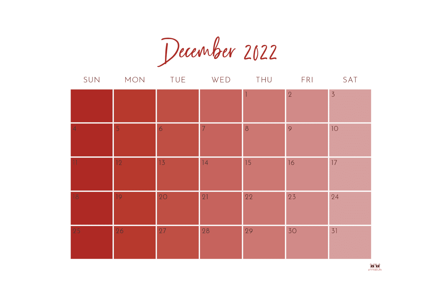 December calendar with cells colored from red to pink.