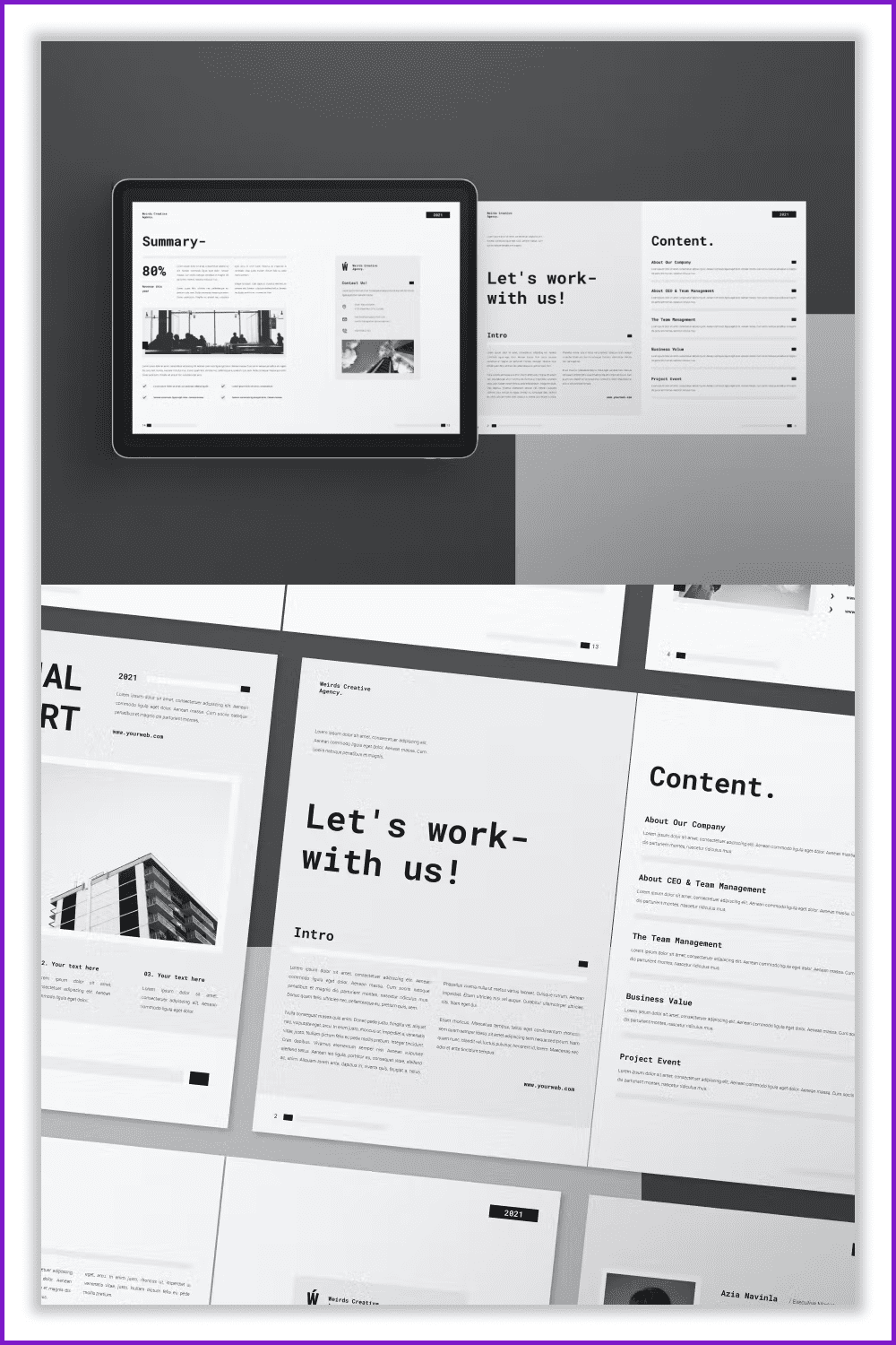 Collage of Annual report pages with monochromatic colors.