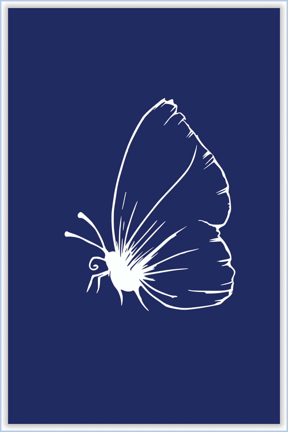 Side view of a White butterfly with large wings on a blue background.