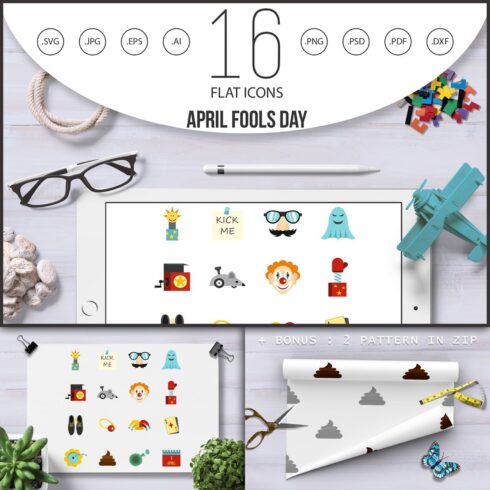 April Fools Day Icons Set, Flat.