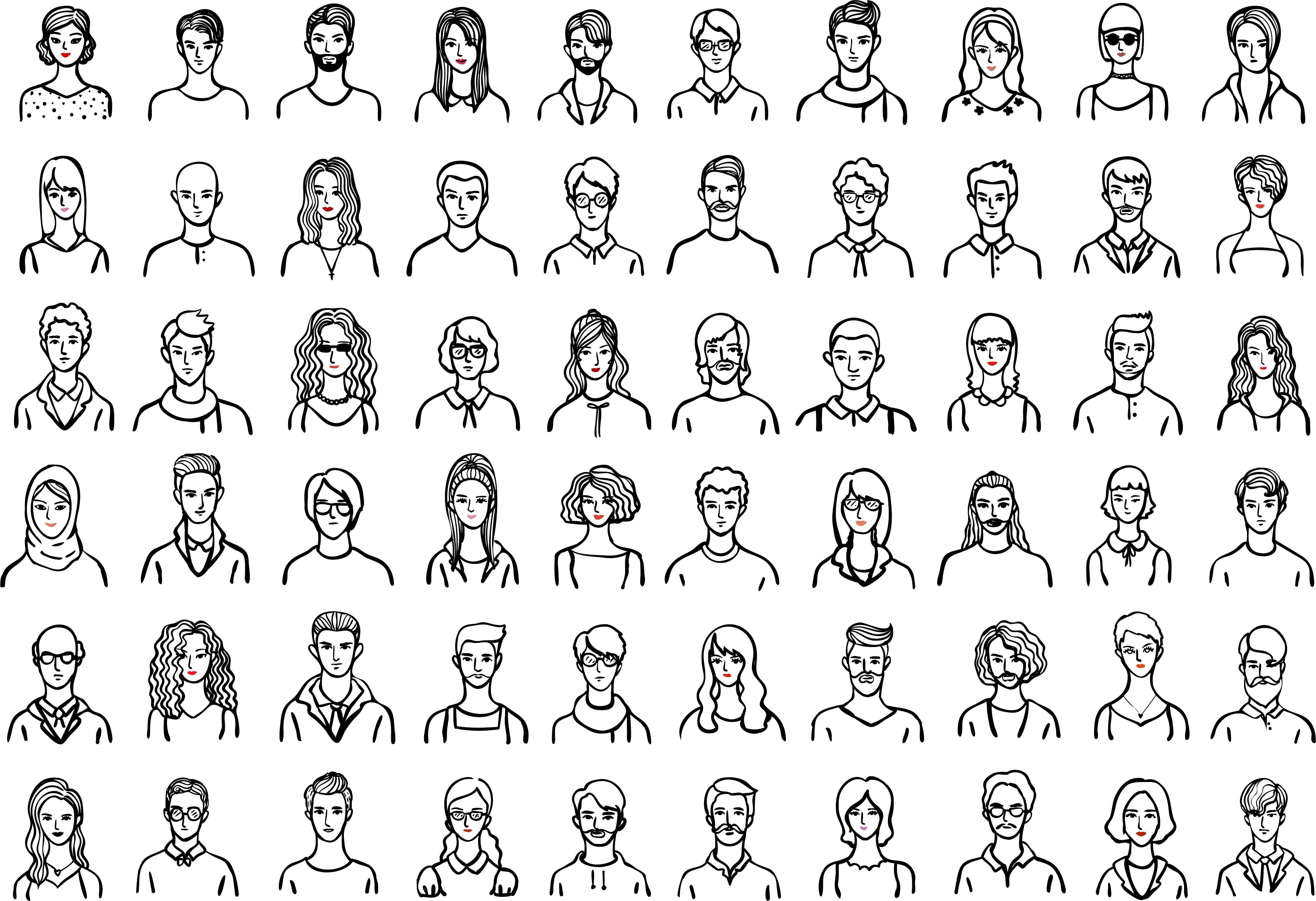 A set of 60 different avatars on a white background.