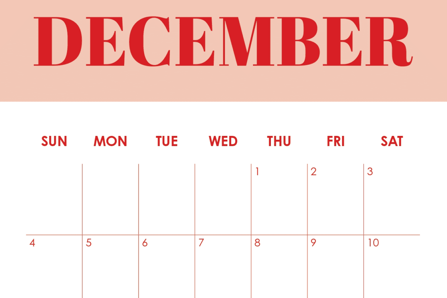 December calendar with big red inscription December.