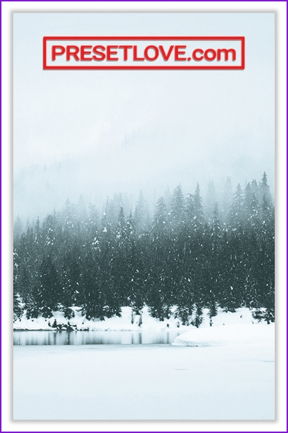 Photo of a lake in a snowy forest.