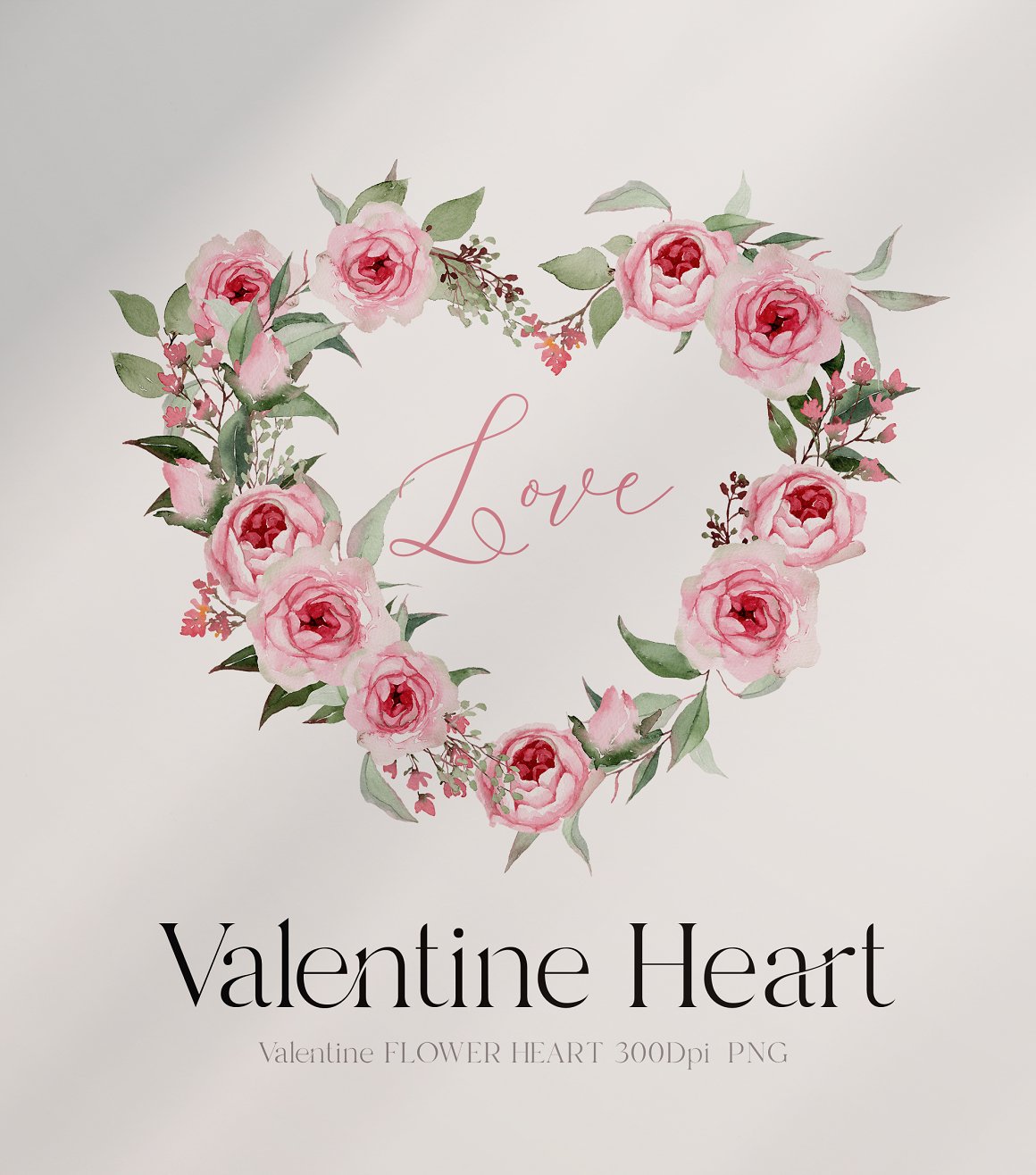 Black lettering "Valentine Heart" and heart of flowers and pink lettering "LOVE" in the centre .